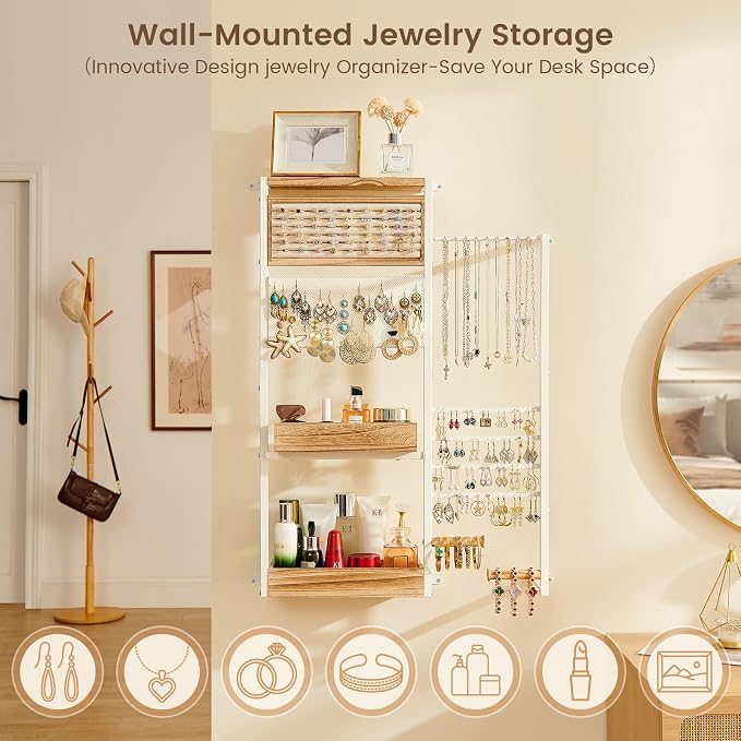 Pinzoveco Hanging Jewelry Organizer Wall Mounted, Large Hanging Jewelry Organizer Holder for Necklaces,Bracelest,Earrings,Rings,Watched,Makeup & Perfume (White) - Image 5