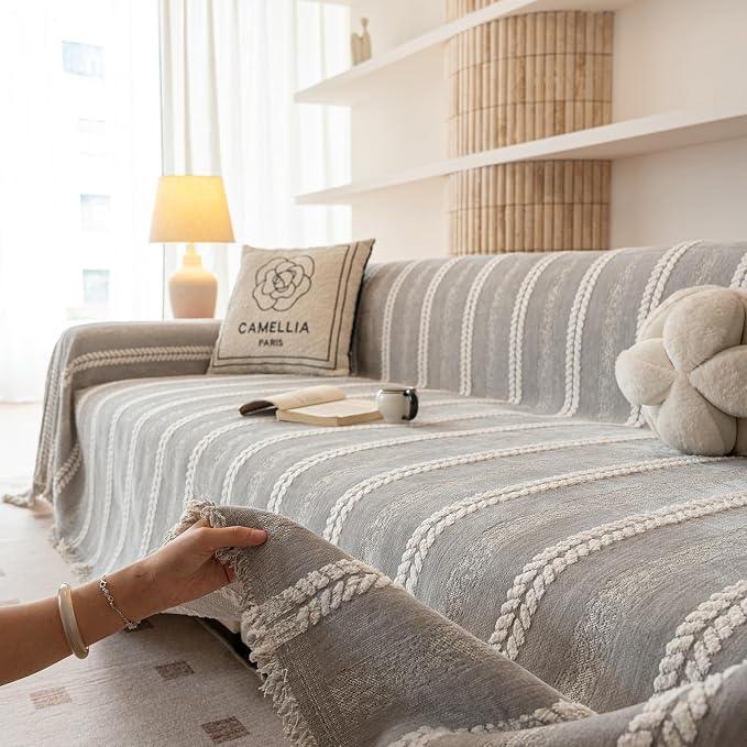 VClife Chenille Sofa Cover Bohemian Striped Pattern Couch Cover for Oversized Sofa - Gray Creamy White Textured Sofa Slipcover Washable Furniture Protector for Couch Decorative Couch Cushion Cover - Image 4