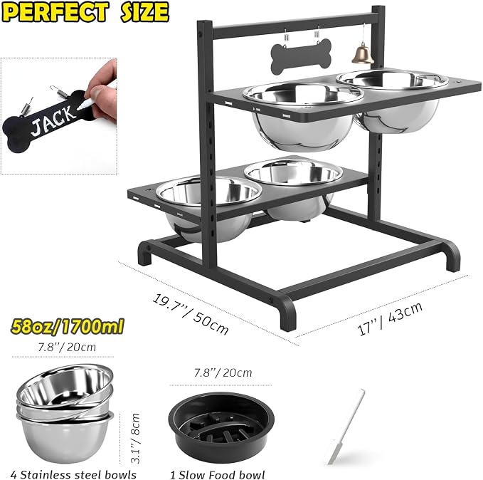 SHAINFUN Elevated Dog Bowl Stand with 4 Stainless Steel Bowls (58oz) & 1 Slow Feeder, 9 Height Adjustable Raised Dog Bowl from 4.9" to 14.5" for Large Dogs & Multi-Pet Homes - Image 3