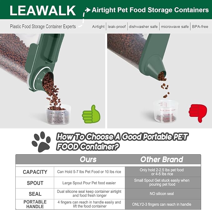LEAWALK 5-7Lbs Cat Dog Storage Container, Portable Pet Food Containers with Upgraded Large Spout and Cup, Small Animal Kibble Dispenser for Bird Seed, Oatmeal, Rice, Flour, Brown Sugart-Dark Green - Image 4