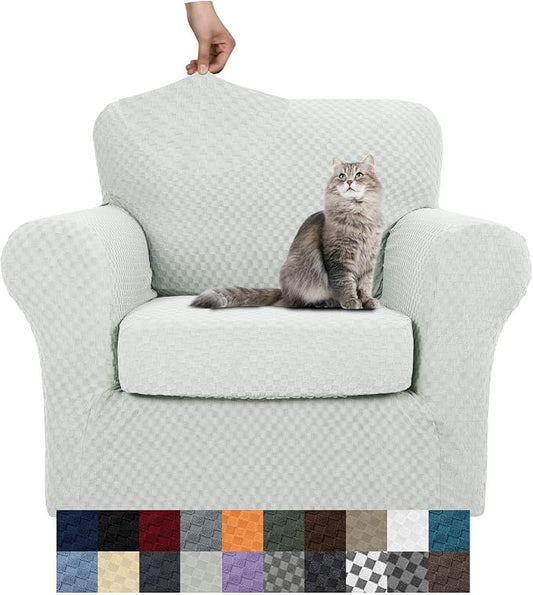 YEMYHOM Latest Checkered 2 Pieces Chair Covers for Living Room High Stretch Thickened Chair Slipcovers with Arms Anti Slip Elastic Armchair Sofa Couch Slipcover Protector (Ivory), 31"-46"(1 Cushion) by YEMYHOM