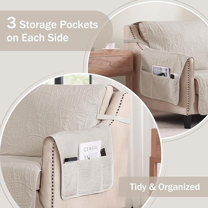 Quilted Beige Sofa Slipcovers with Pockets, Anti-Slip Medallion Couch Covers for Sofa, Couch Cover for Dogs Cats Water-Repellent Machine Washable Sofa Cover (Large Sofa 68", Beige Cream) - Image 4