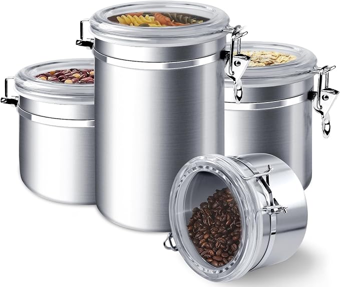 ENLOY 4-Piece Stainless Steel Airtight Food Storage Canister Set with Clear Lid, Containers Sets for Kitchen Counter for Sugar, Flour, Tea, Candy, Cookie, Spice, 28/32/38/65 oz by ENLOY