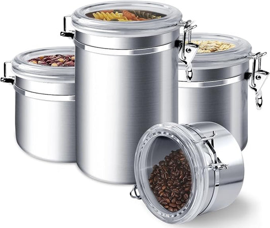 ENLOY 4-Piece Stainless Steel Airtight Food Storage Canister Set with Clear Lid, Containers Sets for Kitchen Counter for Sugar, Flour, Tea, Candy, Cookie, Spice, 28/32/38/65 oz by ENLOY