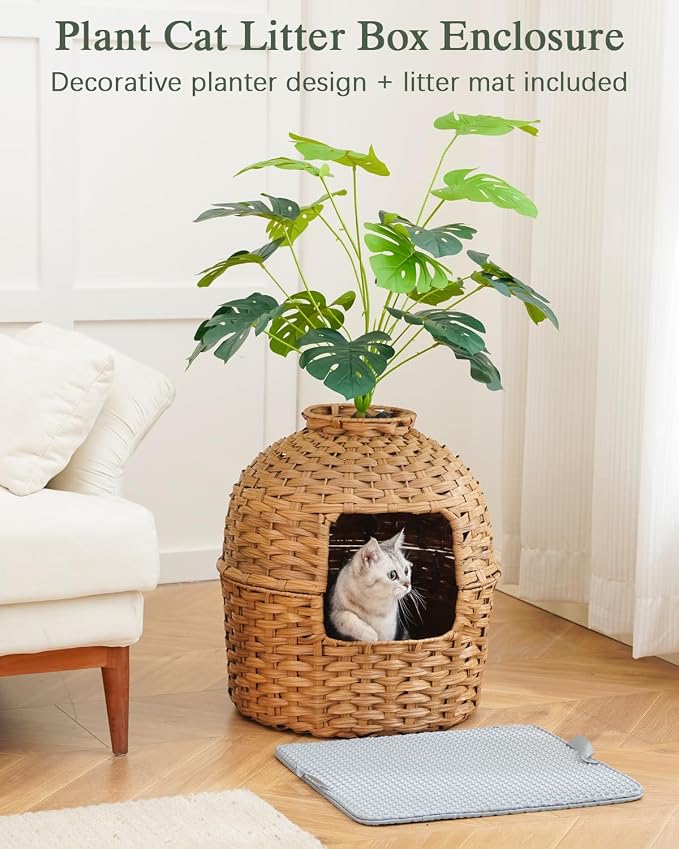 SETVSON Cat Litter Box Enclosure Plant, PE Rattan Kitty House, Natural | Decorative Planter Design, Waterproof Inner PVC Liner, Includes Artificial Plants, Real Stones, Litter Mat, 20x20 Inches - Image 2