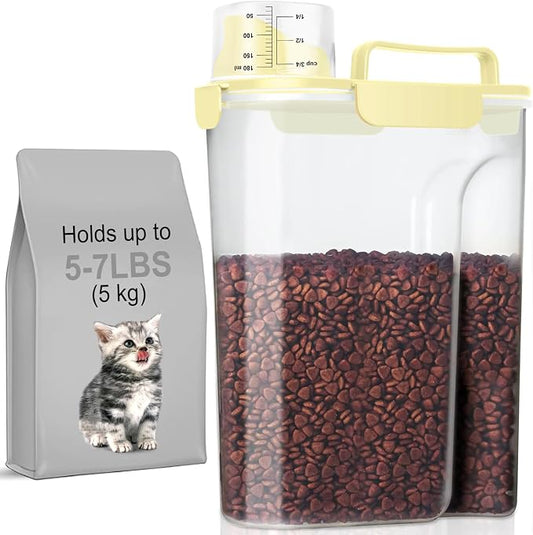 LEAWALK 5-7Lbs Cat Dog Storage Container, Portable Pet Food Containers with Upgraded Large Spout and Cup, Small Animal Kibble Dispenser for Bird Seed, Oatmeal, Rice, Flour, Brown Sugart-Light Yellow by LEAWALK