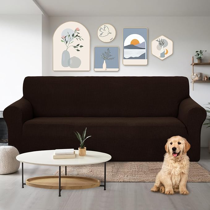 U-NICE HOME Stretch Couch Cover Slipcover for 3 Cushion Sofa, Chocolate | 1-Piece Sofa cover, Washable, Pet friendly, Furniture protector, Polyester Spandex Jacquard fabric - Image 2