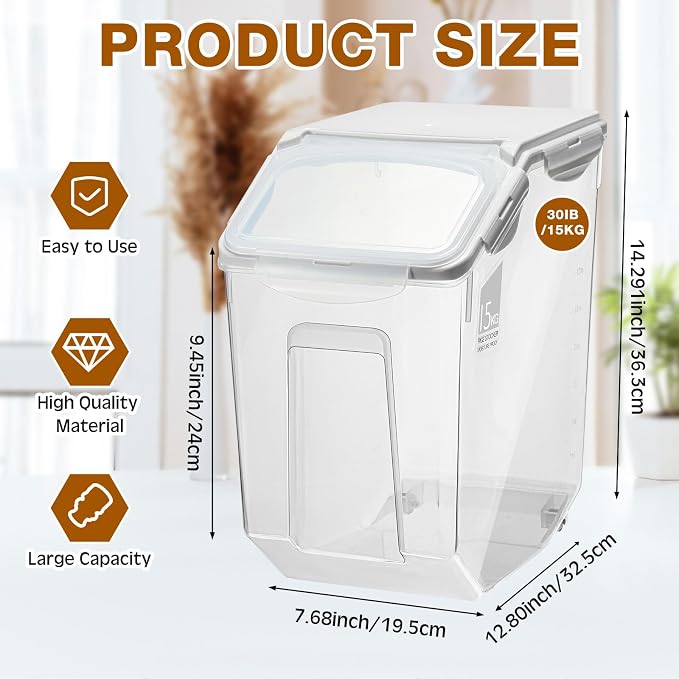 Umigy 4 Pack Rice Storage Container With Wheels Plastic Airtight Lid Flour Container Bin for Dog Pet Cereal Grain Dry Food, 15 Liter / 30 lbs - Image 2