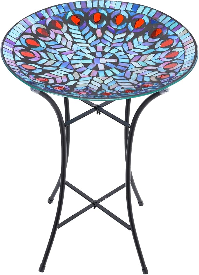 MUMTOP Mosaic Glass Bird Baths with Metal Stand for Garden Decor, Peacock | 14 Inch Width 19.68 Inch Height Outdoor Garden Peacock Bird Bath Bowl, Unique Glass Birdbaths Bird Feeder for Yard Decor by MUMTOP