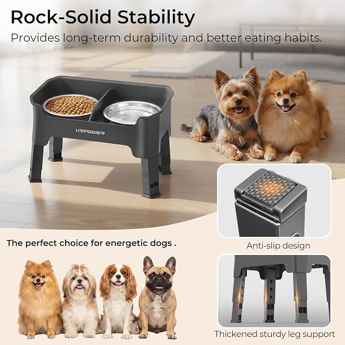 URPOWER Mess Proof Elevated Dog Bowls for Small Dogs with Splash Guard | 4 Height Adjustable Raised Stand with 2 Stainless Steel Food Bowls & Licking Plate for Small, Medium & Large Dogs - Image 6