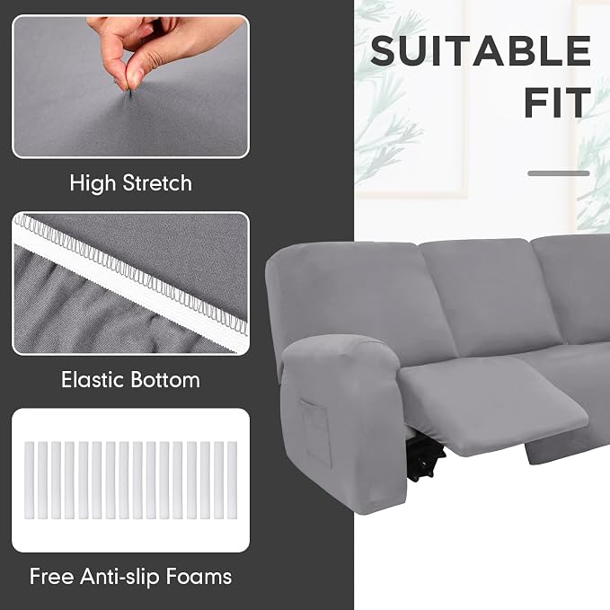 Peryiter 7 Pcs L Shape Sectional Recliner Sofa Covers 5 Seat Sectional Couch Covers Milk Silk Velvet Stretch Reclining Sofa Slipcover Furniture Protector for Living Room(Light Gray,Milk Silk) - Image 6