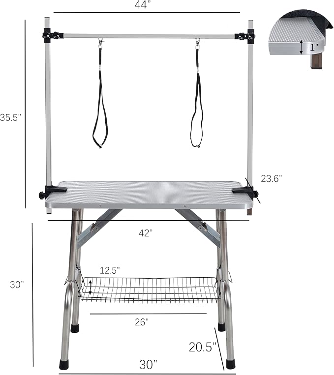 42" Dog Grooming Table Foldable Pet Grooming Tables with Adjustable Arm Noose Storage Mesh Tray Maximum Capacity Up to 330lbs Silver Gray - Image 2