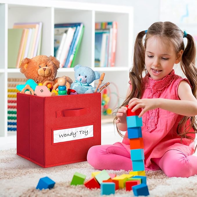 13x13x13 storage cube bins(Set of 10) Fabric storage cubes with 10 Labels Window Cards & a Pen, storage cubes 13x13, Collapsible 13 inch cube storage bins, Cubby Organizer Boxes, Red - Image 5