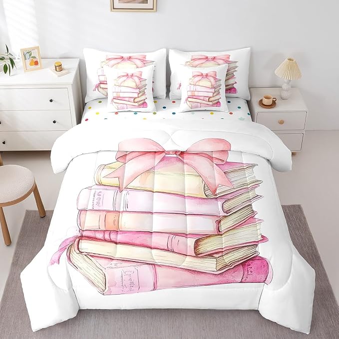 Erosebridal 7 Piece Pink Bow Book Kids Comforter Set King Bed in a Bag,Dreamy Princess Style Kids Girls Bedding Set for Teens,Romantic Valentine Bowknot Sheet Set,Watercolor Bow Tie Duvet Insert by Erosebridal
