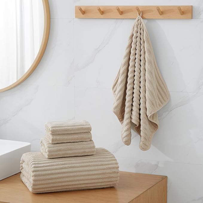 6 Piece Bath Towel Set, 30"x60" Microfiber Towels, Beige | Quick dry, Highly Absorbent, Lightweight，shower towels for bathroom gym，2 large towels, 2 hand towels, 2 washcloths - Image 2