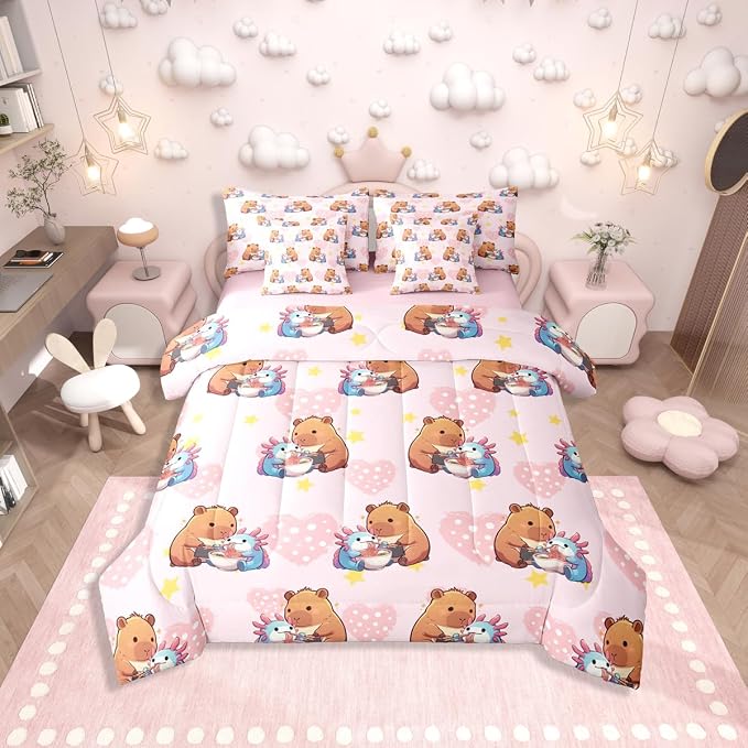 Erosebridal Cute Capybara Twin Bed in a Bag, Axolotl 7 Pcs Bedding Set for Kids Girls, Capybara Feeding Noodles to Salamanders Pink Comforter Set with Sheets, Star Love Heart Polka Dot Bed Sets by Erosebridal