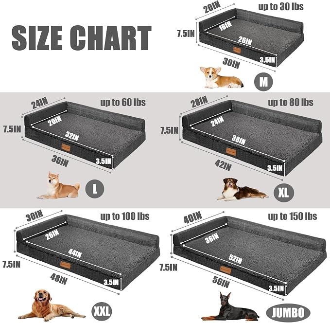 Patas Lague Orthopedic Medium Dog Bed Pet Sofa Beds 30''X20''Dark Grey | L Bolster Egg-Crate Foam Dog Couch For Medium Dogs, Waterproof Removable Washable Cover, Pet Mat with Nonskid Bottom - Image 5