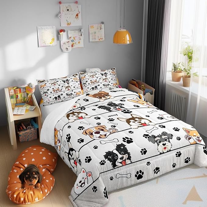 Manfei Cartoon Puppy Twin Size Comforter Set,Cute Dog Pet Animals Duvet Set Soft Bed Collection,Paw Print White Bedding Comforter for Boys Girls Bedroom,2 Pcs - Image 4