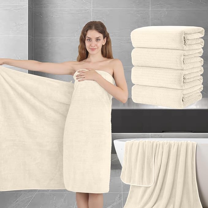 Extra Large Bath Sheet Set of 4,Ultra Soft Fluffy Towel,35”x 70”Oversized Bath Towel Set,Premium Microfiber Bathroom Towel Set Highly Absorbent Quick Dry Shower Towel for Bathroom,Hotel,Spa(Beige) by JessyHome
