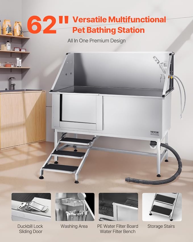 VEVOR Stainless Steel Dog Washing Station, Professional 62 inch Pet Grooming Tub w/Stairs, PE Water Filter Board, Faucet & Showerhead & Soap Holder Bathtub for Large & Medium & Small Pets (Left Door) - Image 2