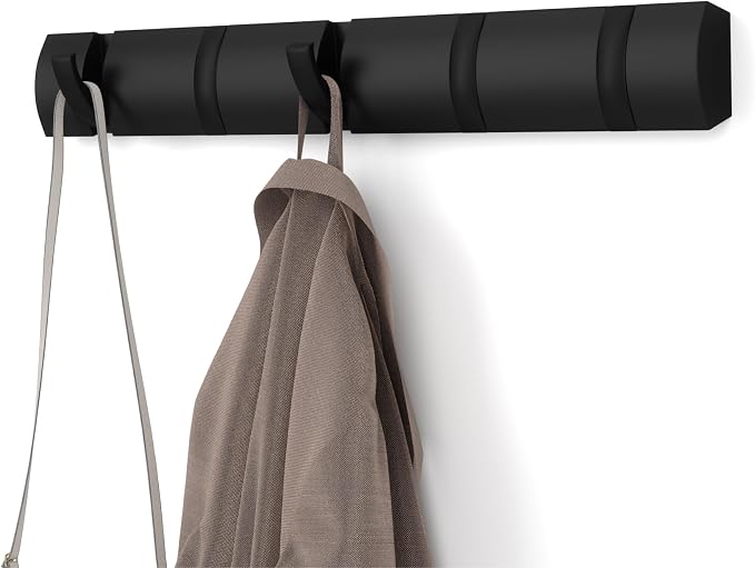 Umbra Flip Coat Rack, Wall Mounted 5-Hook Space Saving, Black/Black | Real wood and steel build, retractable hooks fold flat, holds coats bags and scarves, easy install by Umbra