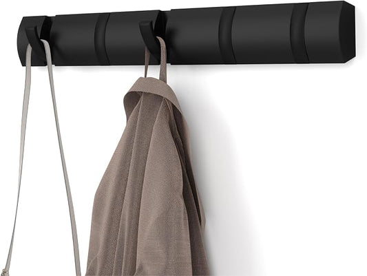 Umbra Flip Coat Rack, Wall Mounted 5-Hook Space Saving, Black/Black | Real wood and steel build, retractable hooks fold flat, holds coats bags and scarves, easy install by Umbra