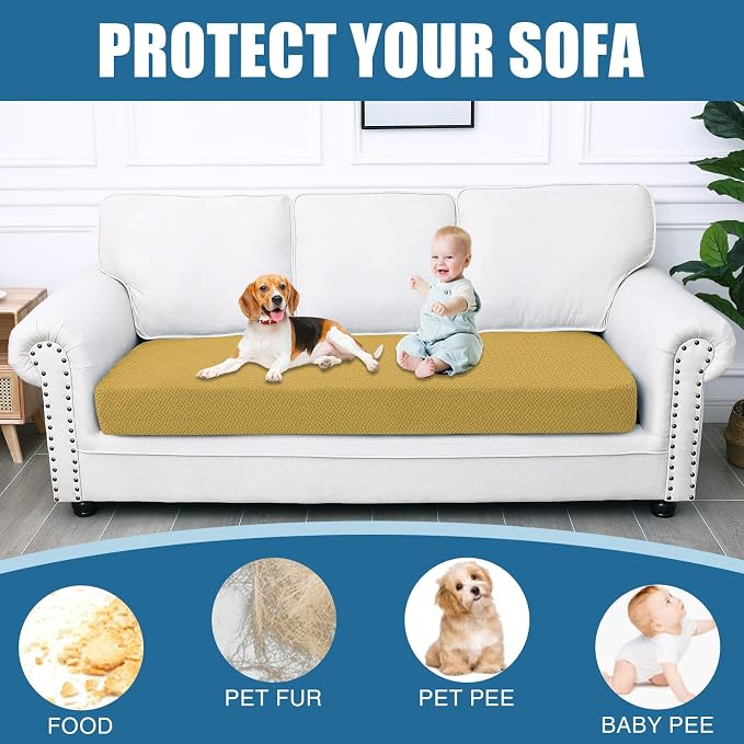 Smiry Waterproof Couch Cushion Covers, Non Slip Seat Cushion Covers | Stretch Jacquard Sectional Sofa Slipcover, Washable Elastic Furniture Protector for Pets, Kid, Large, Ginder Yellow - Image 5