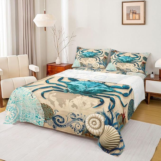 Beach Theme Bedding Set Kids Beach Crabs Print Full 4 Piece Sheet Set 3D Crab Luxury Microfiber Bed Sheets Set (1 Fitted Sheet, 1 Flat Sheet, 2 Pillowcases)Soft Cute Marine Life Decorative Bedding - Image 7