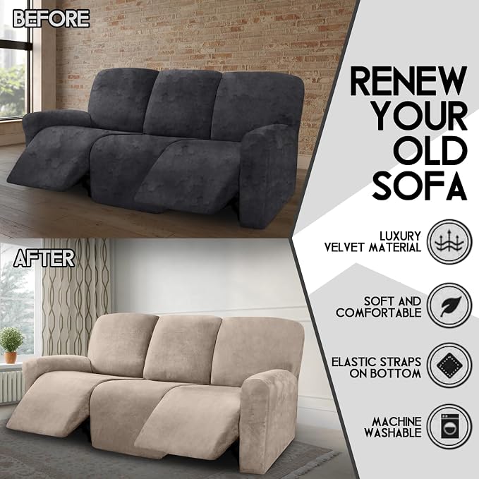 ULTICOR Velvet 8-Pieces Recliner Sofa Covers Stretch Reclining Couch Covers for 3 Cushion Reclining Sofa Slipcovers Furniture Covers Thick Soft Washable (3 Seater Recliner Cover, Taupe) - Image 5