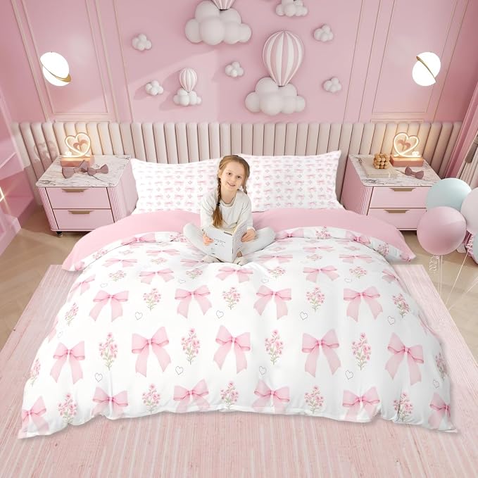 Erosebridal Girls Pink Bow Comforter Set Full Bed in a Bag for Kids,Girly Pink Floral Bowknot Coquette 7 Piece Bedding Sets Cute Bow Ribbon Heart Bed Set Dreamy Princess Sheet Set with Comforter - Image 3