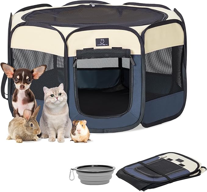 Portable Indoor Dog Playpen for Small Dogs & Puppies by A 4 Pet – 29.92" Pop-Up Soft Puppy Playpens with Bowl, Waterproof Floor, Calm Safe Space for Home, Travel & Daily Use