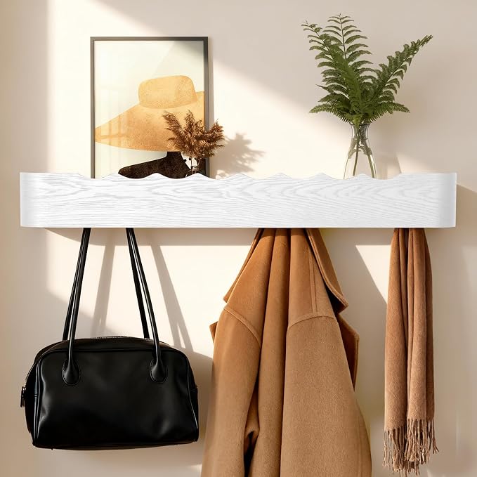 Coat Rack Wall Mount with Shelf Entryway Shelf Modern Key Holder Hanger Wall Shelves with Hidden Hooks for Hanging Towels Coats Hats Bags for Hallway Bathroom Bedroom (Wavy White, 8 Hooks) by FURNAWAY