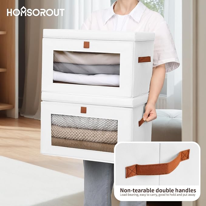 Homsorout Large Clothing Storage Bins - Collapsible Boxes with Handles & Window, Decorative Organizer Bins with Lids, Fabric Containers for Living Room, Dorm, 4 Pack, White - Image 4