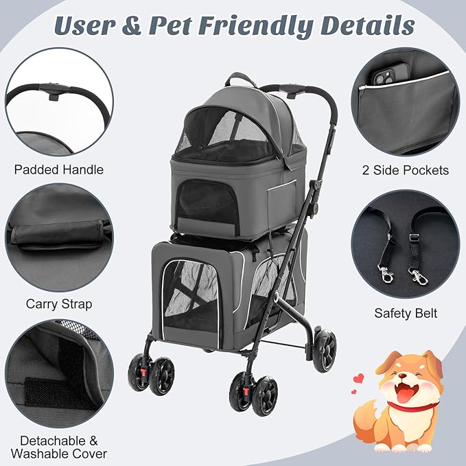PETSITE Double Dog Stroller, Foldable 3-in-1 4 Wheels Cat Stroller with 2 Detachable Carriers, Safety Belt, Washable Cover, Removable Pads for Small Medium Dogs Cats (Grey)