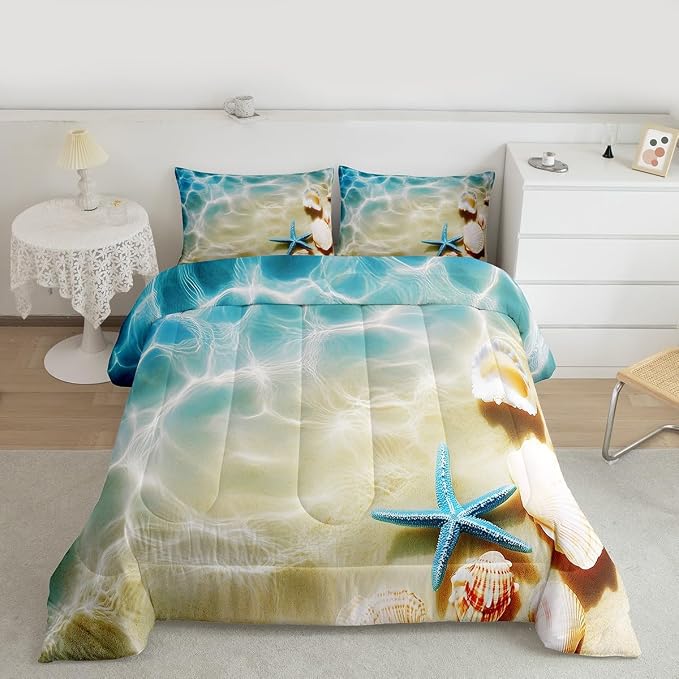 Ocean Comforter Set Twin Beach Bedding Set Coastal Nature Theme Teal Duvet Set Boys Girls Hawaiian Quilt Sets Sea Wave Animals Shell Starfish Reversible Comforter Set 1 Pillowcase, Blue Room Decor by Erosebridal