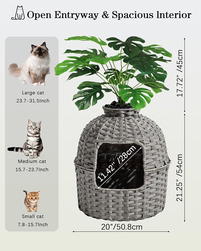 SETVSON Cat Litter Box Plant Enclosure, Hidden PE Rattan Litter Box, Gray | Decorative Planter Design, Handwoven Washable PE Rattan, Removable Top with Artificial Plant & Stones Included, Easy Cleaning - Image 5