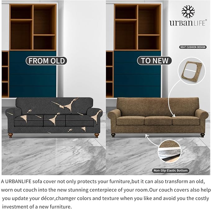 URBANLIFE 4-Piece Stretch Sofa Covers for 3 Cushion Couch, Brown | Super fitted spandex slipcovers for couches. Non-slip elastic bottom. Machine washable furniture protector for kids & pets. - Image 5