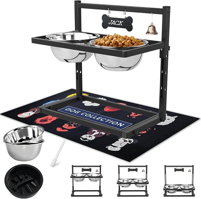 SHAINFUN Elevated Dog Bowls with Slow Feeder & Spillproof Mat, Raised Dog Bowl Stand with 2 Stainless Steel Food Water Bowls, Adjustable Height Stand for Large Medium Breeds by SHAINFUN