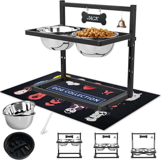 SHAINFUN Elevated Dog Bowls with Slow Feeder & Spillproof Mat, Raised Dog Bowl Stand with 2 Stainless Steel Food Water Bowls, Adjustable Height Stand for Large Medium Breeds by SHAINFUN