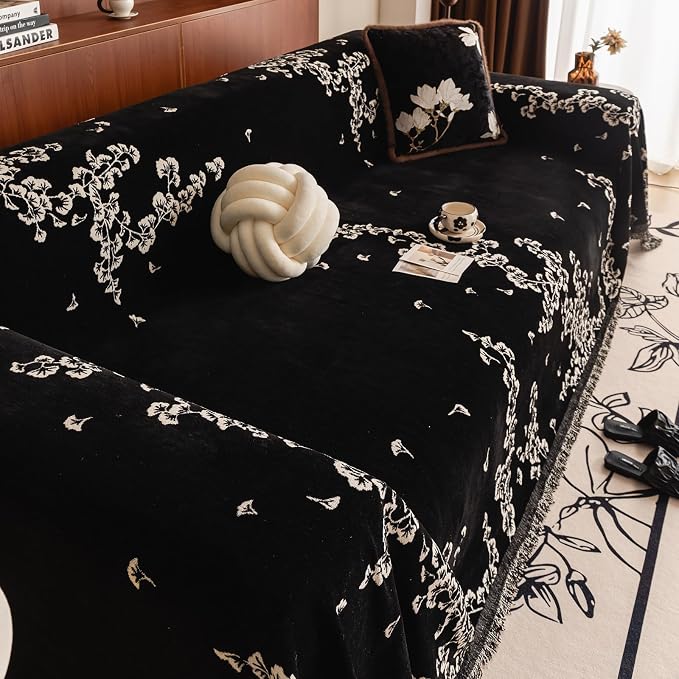 STACYPIK Retro Ginkgo Leaf Sofa Covers Washable Boho Aesthetics Black Couch Cover for 3 Cushion Couch with Tassels Pet Friendly Love Seat Slipcover for Sectional Couch Cover Throw Living Room-71X134IN - Image 9