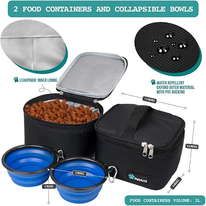 PetAmi Dog Travel Bag Organizer, Pet Travel Kit with 2 Food Containers & 2 Collapsible Dog Bowls, Pet Supplies Tote with Luggage Sleeve, Weekend Road Trip Camping Essentials, Black, Medium - Image 3