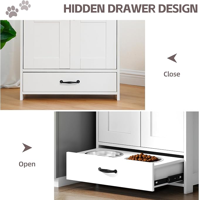 Pet Feeding Station, Dog Feeding Station, Dog Food Storage Cabinet, Pet Food Toy Organiser with 2 Elevated Bowls and Hook for Feeding and Drinking, White - Image 7