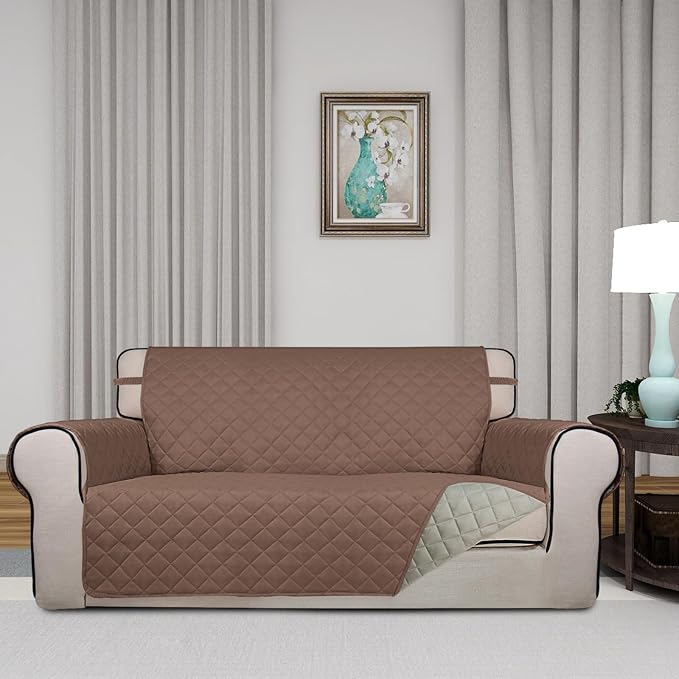 PureFit Reversible Quilted Couch Covers for Dogs Loveseat Sofa Cover 54" | Brown/Beige, Water Resistant Couch Protector, Washable Pet Couch Cover with Non Slip and Elastic Straps For Kids - Image 2