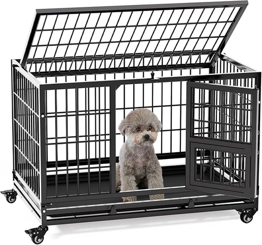 Gardner Pet 32 Inch Heavy Duty Dog Crate with Wheels, Folding Metal Dog Cage for Puppy/Small and Medium Dogs, Indestructible Dog Crate with Removable Tray (Black)