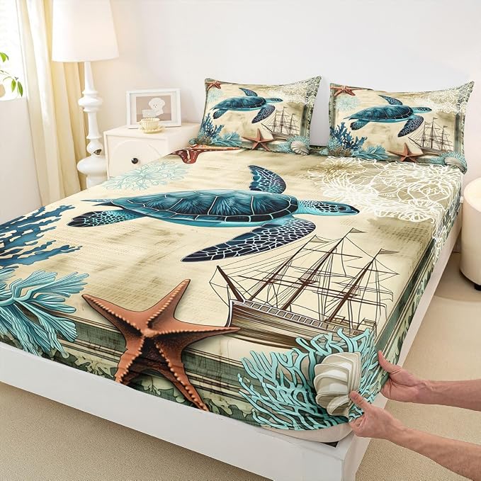 Erosebridal Ocean Beach Sea Turtle Sheet Set,Children Teens Retro Tortoise Bed Sheet Hawaiian Reptile Turtle Printed Bed Set with Fitted Flat Sheet,2 Pillowcases,Queen - Image 3