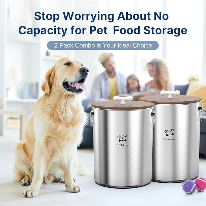 Paw Libero 2PK 25 Lbs total 50 Lbs Stainless Steel Dog Food Storage Container with Airtight Wooden Lid & Ceramic Bone Handle, Large Metal Dog Food Bin for Dogs & Cats - Image 7