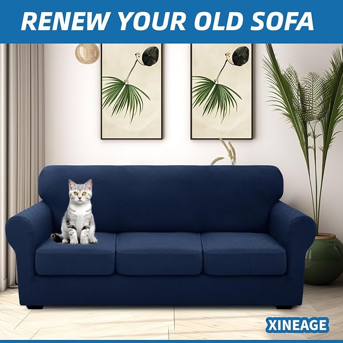 XINEAGE 2026 New 4 Pieces Extra Large Couch Covers for 3 Cushion Sofa Super Stretch Sofa Cover for 3 Large Seat Cushion Universal Slip Cover for Living Room (Navy Blue), 91"-110"(3 Cushions) - Image 4