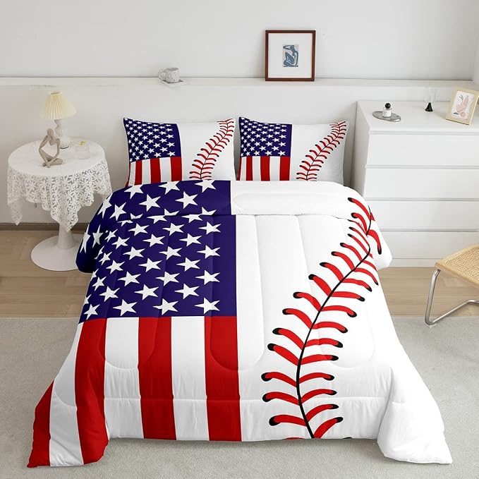 American Flag Comforter Set Twin,Abstract Baseball Bedding Set 2pcs for Kids Teens Boys Man Adult Room Decor,Ball Sports Games Fashion Quilt Set,Red & White Simple Duvet Insert with 1 Pillowcase - Image 5