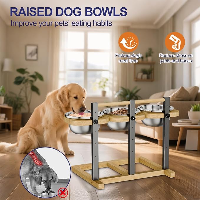 Elevated Dog Bowl,Bamboo Raised Dog Bowl,5-Height | Adjustable Dogs Food Bowls Stand,Dog Feeding Station with 3 Food and Water Bowls for Medium,Large Dogs - Image 5