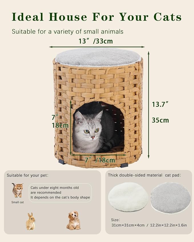 SETVSON Cat House for Indoor Cat, Small Handwoven PE Rattan Kitten Cave | Two-Tier Cozy Pet Nest with One Double-Sided Pad, Waterproof Handwoven PE Rattan Basket, Easy to Clean, 13x13x13.7 In - Image 5